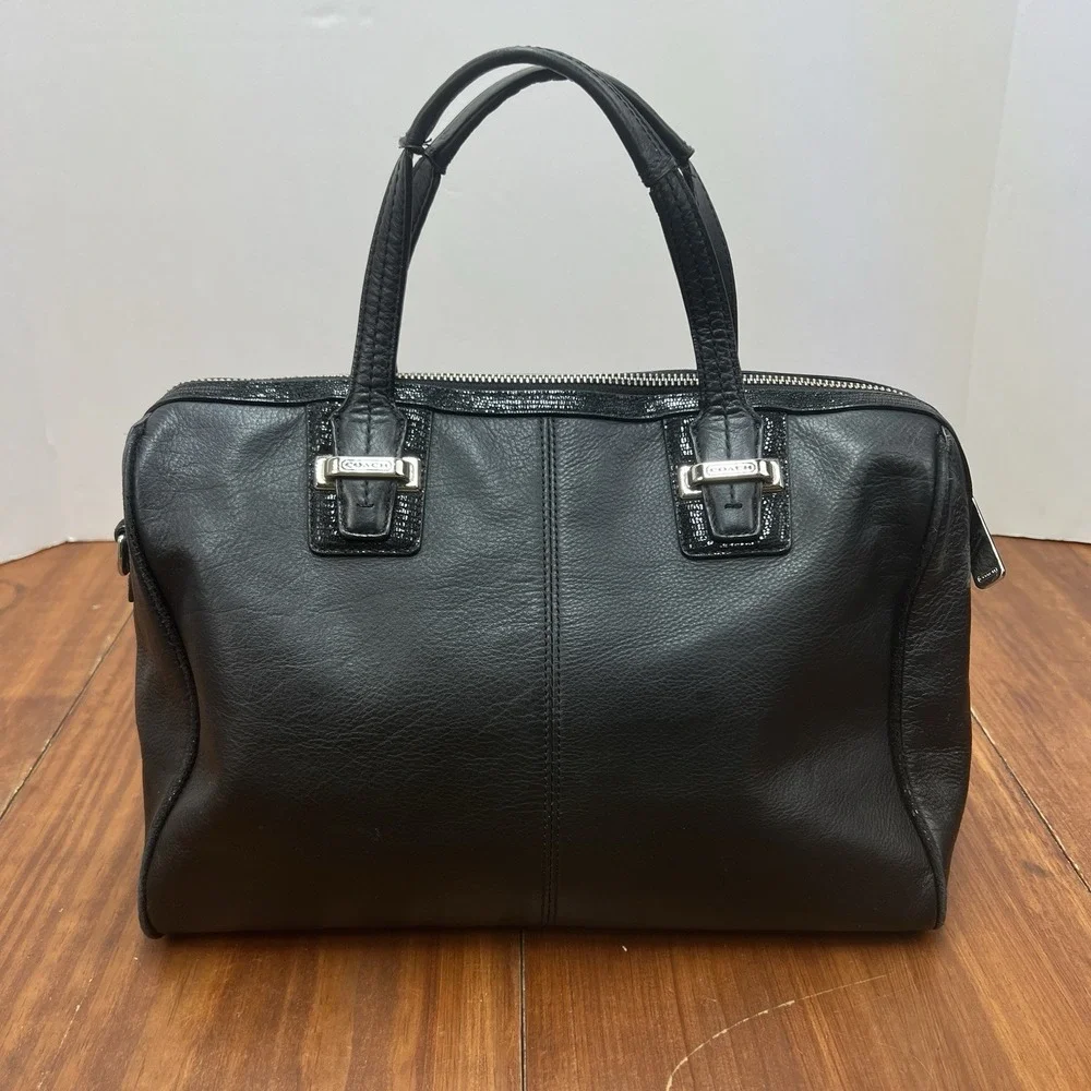 Coach F25796 Black Leather Satchel Handbag Silver Hardware Zip Top Purse